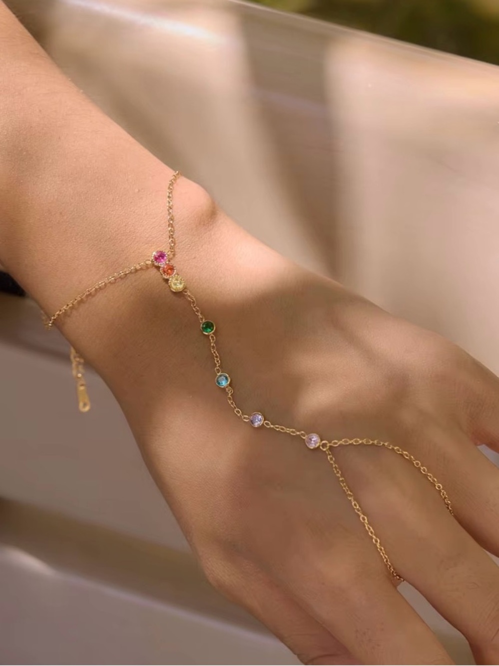 Gold Multicolor Gemstone Hand Chain Bracelet  D148